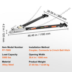 Tow Bar, 2495 kg Towing Capacity with Chains, Powder-Coating Alloy Steel Bumper-Mounted Universal Towing Bar, Coupler Fits 5cm Ball Hitch, 100 cm Opening Width, for RV Car Trailer Truck
