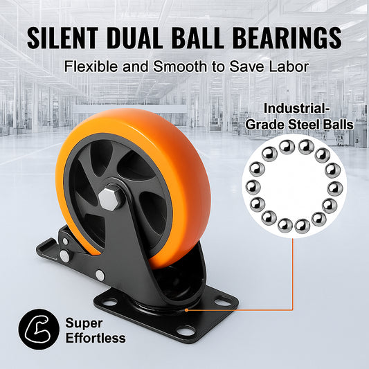 Caster Wheels, 127 mm Swivel Plate Casters, Set of 4, with Security A/B Locking No Noise PVC Wheels, Heavy Duty 204 kg Load Capacity Per Caster, Non-Marking Wheels for Cart Furniture Workbench