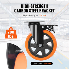 Caster Wheels, 152.4 mm Swivel Plate Casters, Set of 4, with Security A/B Locking No Noise PVC Wheels, Heavy Duty 318 kg Load Capacity Per Caster, Non-Marking Wheels for Cart Furniture Workbench