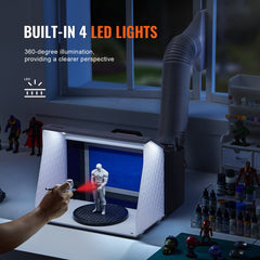 Airbrush Spray Booth, Portable Hobby Airbrush Paint Spray Booth Kit with 4 LED Light, Powerful Dual Exhaust Fans, Turntable and 6 ft Extension Hose, for Painting Models, Arts, Crafts, Cakes