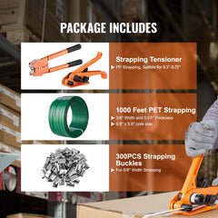 Banding Strapping Kit with Strapping Tensioner Tool, Banding Sealer Tool, 300 m Length PET Band, 300 Metal Seals, Pallet Packaging Strapping Banding Kit Banding Packaging Strapping for Packing