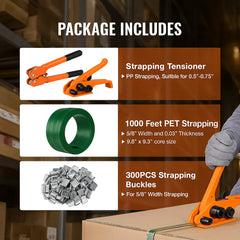 Banding Strapping Kit with Strapping Tensioner Tool, Banding Sealer Tool, 300 m Length PET Band, 300 Metal Seals, Pallet Packaging Strapping Banding Kit Banding Packaging Strapping for Packing