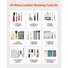 Leather Working Tools Kit, 61 PCS Leather Craft Tools with Portable Canvas Storage Bag, Engraving Punching Sewing Stamping Sanding Tools, Ideal for Beginners DIY Enthusiasts and Professionals