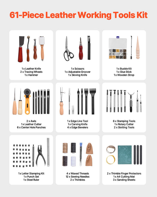 Leather Working Tools Kit, 61 PCS Leather Craft Tools with Portable Canvas Storage Bag, Engraving Punching Sewing Stamping Sanding Tools, Ideal for Beginners DIY Enthusiasts and Professionals