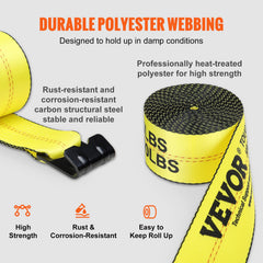 Winch Straps, 10.2 cm x 9.1 m, 2.7T Load Capacity, 8.2T Break Strength, Truck Straps with Flat Hook, Flatbed Tie Downs Cargo Control for Trailers, Farms, Rescues, Tree Saver, Yellow (10 Pack)