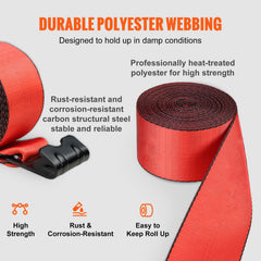 Winch Straps, 10.2 cm x 9.1 m, 2.7T Load Capacity, 8.2T Breaking Strength, Truck Straps with Flat Hook, Flatbed Tie Downs Cargo Control for Trailers, Farms, Rescues, Tree Saver, Red (10 Pack)