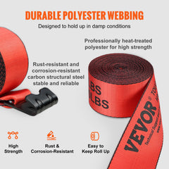 Winch Straps, 10.2 cm x 9.1 m, 2.7T Load Capacity, 8.2T Breaking Strength, Truck Straps with Flat Hook, Flatbed Tie Downs Cargo Control for Trailers, Farms, Rescues, Tree Saver, Red (10 Pack)