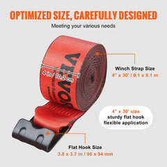 Winch Straps, 10.2 cm x 9.1 m, 2.7T Load Capacity, 8.2T Breaking Strength, Truck Straps with Flat Hook, Flatbed Tie Downs Cargo Control for Trailers, Farms, Rescues, Tree Saver, Red (10 Pack)