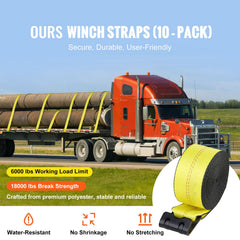 Winch Straps, 10.2 cm x 12.2 m, 2.7T Load Capacity, 8.2T Break Strength, Truck Straps with Flat Hook, Flatbed Tie Downs Cargo Control for Trailers, Farms, Rescues, Tree Saver, Yellow (10 Pack)