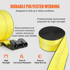 Winch Straps, 10.2 cm x 12.2 m, 2.7T Load Capacity, 8.2T Break Strength, Truck Straps with Flat Hook, Flatbed Tie Downs Cargo Control for Trailers, Farms, Rescues, Tree Saver, Yellow (10 Pack)