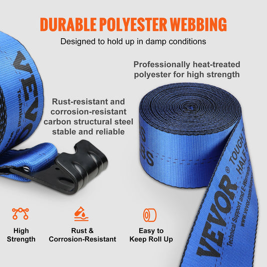 Winch Straps, 10.2 cm x 9.1 m, 2.7T Load Capacity, 8.2T Breaking Strength, Truck Straps with Flat Hook, Flatbed Tie Downs Cargo Control for Trailers, Farms, Rescues, Tree Saver, Blue (10 Pack)