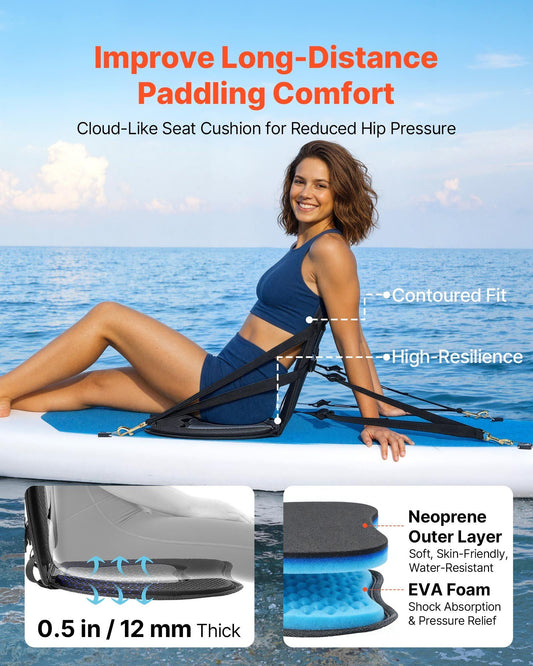 Kayak Seat, 1 Pack 12 mm Thick, Universal Paddle Board Seat with Back Support, Sit-on-Top Soft Padded Cushion with Storage Bag & Adjustable Straps for SUP, Canoe, Fishing Boat, Inflatable Kayak
