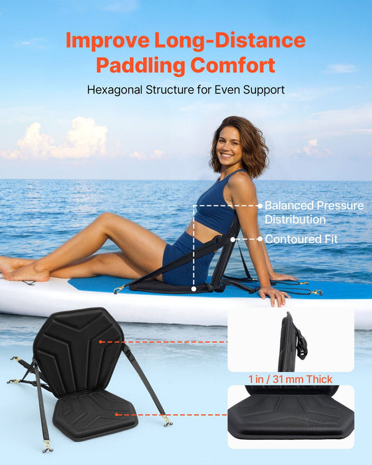 Kayak Seat, 1 Pack 31 mm Thick, Universal Paddle Board Seat with Back Support, Hexagonal Sit-on-Top Soft Padded Cushion with Storage Bag & Adjustable Straps for SUP, Fishing/Inflatable Kayak
