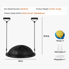 Half Exercise Ball Trainer, 23 inch Balance Ball Trainer, 660 lbs Capacity Stability Ball, Yoga Ball with Resistance Bands and Pump, Strength Fitness Ball for Home Gym, Full Body Workouts, Black