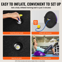 Half Exercise Ball Trainer, 23 inch Balance Ball Trainer, 660lbs Stability Ball, Yoga Ball with Resistance Bands & Foot Pump, Strength Fitness Ball for Home Gym, Full Body Workout, Purple