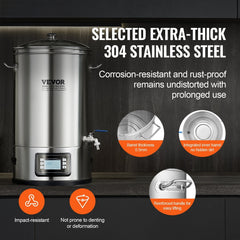 Electric Brewing System, 8 GALLON Brewing Stock Pot, All-in-One Home Beer Brewer, 304 Stainless Steel Brewing Supplies with Panel, Includes Glass Lid, Handle, Spigot, Electronic Panel Control