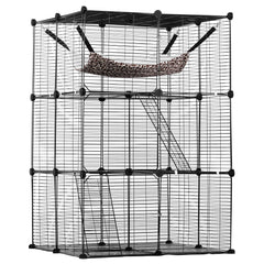 Large 3-tier Cat Cage, 28 x 28 x 41", DIY Detachable Metal Wire Durable Cat Enclosure, with Large Hammock 2 Ramp Ladders, Fit for Cats Exercise Indoor ＆ Outdoor, Ease of Assembly, Black