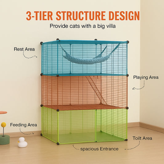 Large 3-tier Cat Cage, 28 x 28 x 41", DIY Detachable Metal Wire Durable Cat Enclosure, with Large Hammock 2 Ramp Ladders, Fit for Cats Exercise Indoor ＆ Outdoor, Ease of Assembly, Black