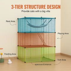 Large 3-tier Cat Cage, 28 x 28 x 41", DIY Detachable Metal Wire Durable Cat Enclosure, with Large Hammock 2 Ramp Ladders, Fit for Cats Exercise Indoor ＆ Outdoor, Ease of Assembly, Black