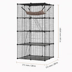 Large 3-tier Cat Cage, 28 x 28 x 41", DIY Detachable Metal Wire Durable Cat Enclosure, with Large Hammock 2 Ramp Ladders, Fit for Cats Exercise Indoor ＆ Outdoor, Ease of Assembly, Black