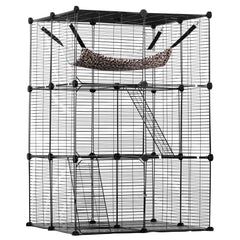 Large 3-tier Cat Cage, 28 x 28 x 41", DIY Detachable Metal Wire Durable Cat Enclosure, with Large Hammock 2 Ramp Ladders, Fit for Cats Exercise Indoor ＆ Outdoor, Ease of Assembly, Black