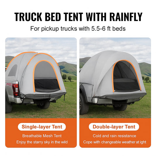 Truck Bed Tent, 5.5'-6' Pickup Truck Tent with Rain Layer and Carry Bag, Waterproof PU2000mm Double Layer Truck Tent for Camping, Accommodate 2-3 Person, for Camping Traveling Outdoor Activities
