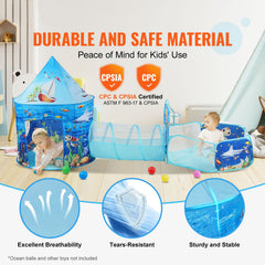 3 in 1 Kids Play Tent with Tunnel, Basketball Hoop for Boys, Girls, Babies and Toddlers, Indoor/Outdoor Pop Up Playhouse with Carrying Bag & Banding Straps Birthday Gifts, Blue Ocean