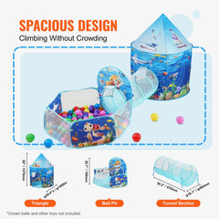 3 in 1 Kids Play Tent with Tunnel, Basketball Hoop for Boys, Girls, Babies and Toddlers, Indoor/Outdoor Pop Up Playhouse with Carrying Bag & Banding Straps Birthday Gifts, Blue Ocean
