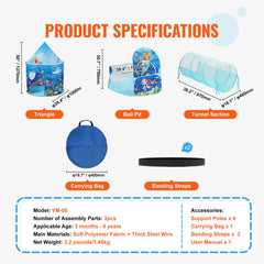 3 in 1 Kids Play Tent with Tunnel, Basketball Hoop for Boys, Girls, Babies and Toddlers, Indoor/Outdoor Pop Up Playhouse with Carrying Bag & Banding Straps Birthday Gifts, Blue Ocean