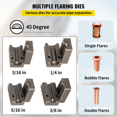 Brake Line Flaring Tool, 45 Degree Single, Double, and Bubble Flares for 3/16", 1/4", 5/16" and 3/8" Tube Size, Suitable for Soft Metal of Copper Lines