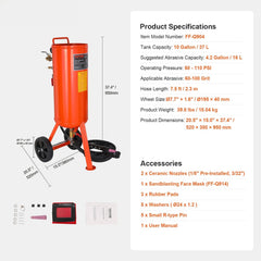 10 Gallon Heavy-Duty Sand Blaster, 60-110 PSI High Pressure Sandblaster, Portable Abrasive Blasting Tank, Air Sand Blasting Kit with 2 Ceramic Nozzles & 7.5ft Hose for Stain, Rust, Paint Removal