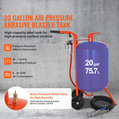 20 Gallon Sand Blaster, 60-110 PSI High Pressure Sandblaster, Portable Abrasive Blasting Tank, Air Sand Blasting Kit with 4 Ceramic Nozzles and Oil-Water Separator for Paint, Stain, Rust Removal