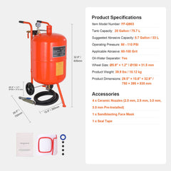 20 Gallon Sand Blaster, 60-110 PSI High Pressure Sandblaster, Portable Abrasive Blasting Tank, Air Sand Blasting Kit with 4 Ceramic Nozzles and Oil-Water Separator for Paint, Stain, Rust Removal