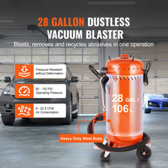 28 Gallon Vacuum Sand Blaster, Dustless Sandblaster with Built-in 1200W Vacuum System for Dust Control and Abrasive Recycle, 60-110 PSI Heavy Duty Abrasive Blasting Machine