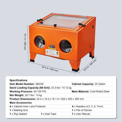 25 Gallon Sandblasting Cabinet, 40-120PSI Portable Benchtop Sand Blasting Cabinet, Heavy Duty Steel Sand Blaster with Blasting Gun & 4 Ceramic Nozzles for Paint, Stain, Rust Removal