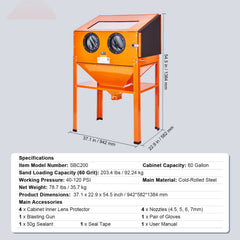 60 Gallon Sand Blasting Cabinet with Stand with Blasting Gun & 4 Nozzles