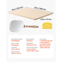 Pizza Stone, 508 x 355 mm Rectangular Cordierite Pizza Stone, Extra Large Baking-Stone with Aluminum Peel, 15 mm Thick Heat-Resistant Cordierite, for Oven, Baking Bread & Pizzas, BBQ Grilling