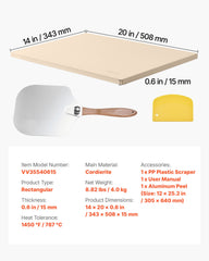 Pizza Stone, 508 x 355 mm Rectangular Cordierite Pizza Stone, Extra Large Baking-Stone with Aluminum Peel, 15 mm Thick Heat-Resistant Cordierite, for Oven, Baking Bread & Pizzas, BBQ Grilling