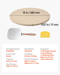 Pizza Stone, 381 mm Round Cordierite Pizza Stone, Extra Large Baking-Stone with Aluminum Peel, 17 mm Thickness Heat-Resistant Cooking Cordierite, for Kitchen Oven, Baking Pizzas, BBQ Grilling