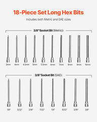 Extra Long Allen Hex Bit Socket Set, 18-Piece 3/8 inch Drive, S2 Alloy Steel and Cr-V Steel, Standard SAE and Metric 1/8-Inch-3/8-Inch, 3-12mm, with Enhanced Storage Case, for Mechanics