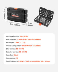 Extra Long Allen Hex Bit Socket Set, 18-Piece 3/8 inch Drive, S2 Alloy Steel and Cr-V Steel, Standard SAE and Metric 1/8-Inch-3/8-Inch, 3-12mm, with Enhanced Storage Case, for Mechanics
