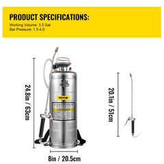 3.5Gal Stainless Steel Sprayer,l Set with 20" Wand& Handle& 3FT Reinforced Hose, Hand Pump Sprayer with Pressure Gauge&Safety Valve, Adjustable Nozzle Suitable for Gardening& Sanitizing