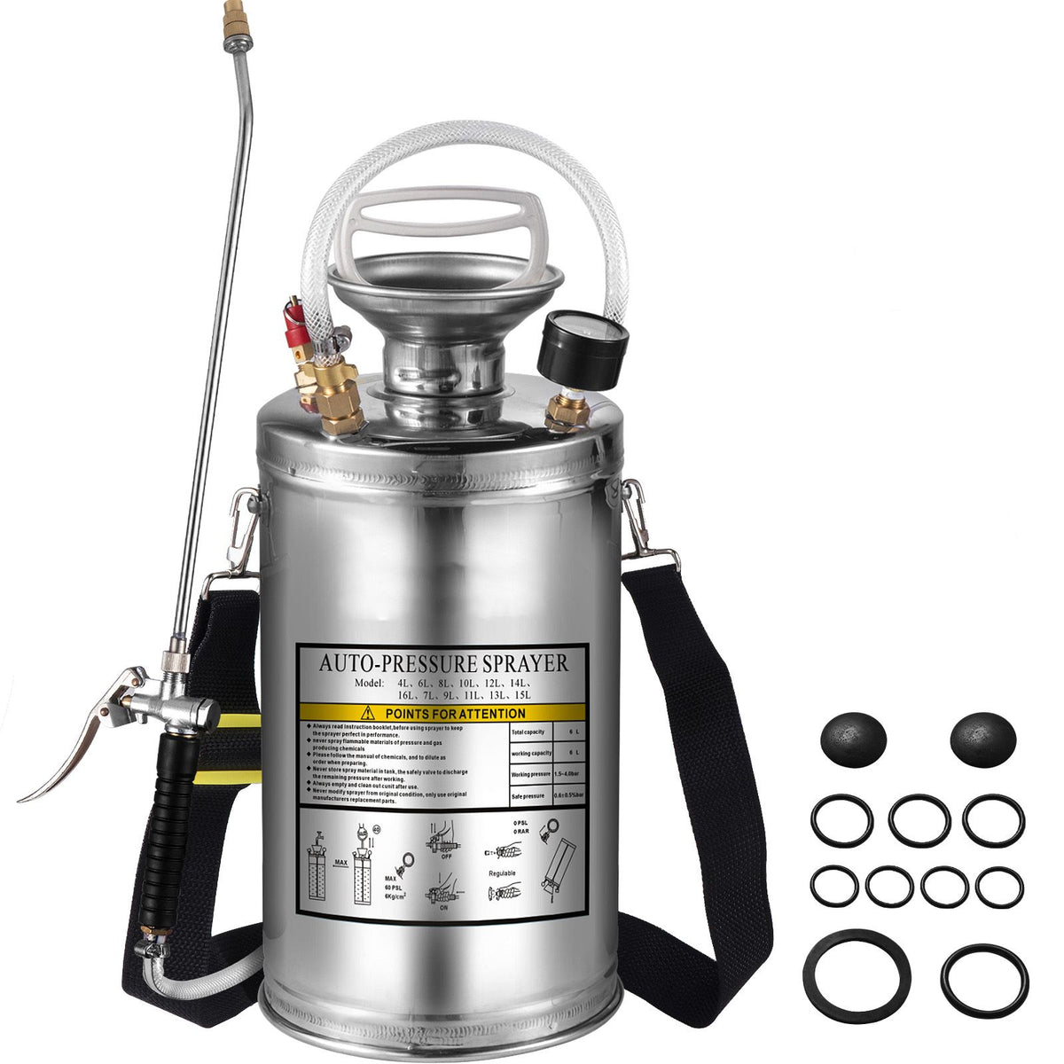 1.5Gal Stainless Steel Sprayer, Set with 16" Wand& Handle& 3.3FT Reinforced Hose, Hand Pump Sprayer with Pressure Gauge&Safety Valve, Adjustable Nozzle Suitable for Sanitizing