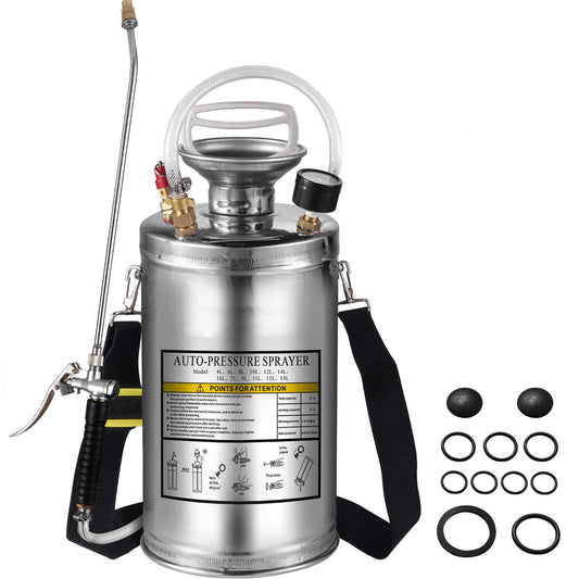 1.5Gal Stainless Steel Sprayer, Set with 16" Wand& Handle& 3.3FT Reinforced Hose, Hand Pump Sprayer with Pressure Gauge&Safety Valve, Adjustable Nozzle Suitable for Sanitizing