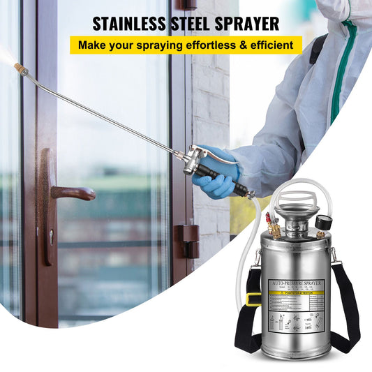 1.5Gal Stainless Steel Sprayer, Set with 16" Wand& Handle& 3.3FT Reinforced Hose, Hand Pump Sprayer with Pressure Gauge&Safety Valve, Adjustable Nozzle Suitable for Sanitizing