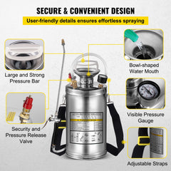 1.5Gal Stainless Steel Sprayer, Set with 16" Wand& Handle& 3.3FT Reinforced Hose, Hand Pump Sprayer with Pressure Gauge&Safety Valve, Adjustable Nozzle Suitable for Sanitizing
