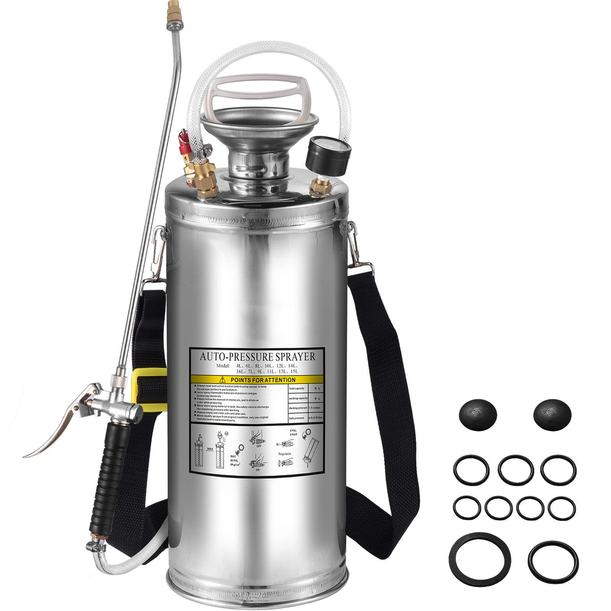 2Gal Stainless Steel Sprayer, Set with 20\" Wand& Handle& 3FT Reinforced Hose, Hand Pump Sprayer with Pressure Gauge&Safety Valve, Adjustable Nozzle Suitable for Gardening and Sanitizing