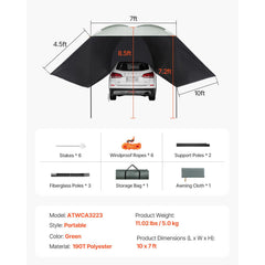 Vehicle Awning, Large 10' x 7' Shade Coverage Car Side Awning, PU2000mm UV50+ Car Awning with Extended Side Canopies and Portable Storage Bag, Suitable for Truck, SUV, Van, Campers