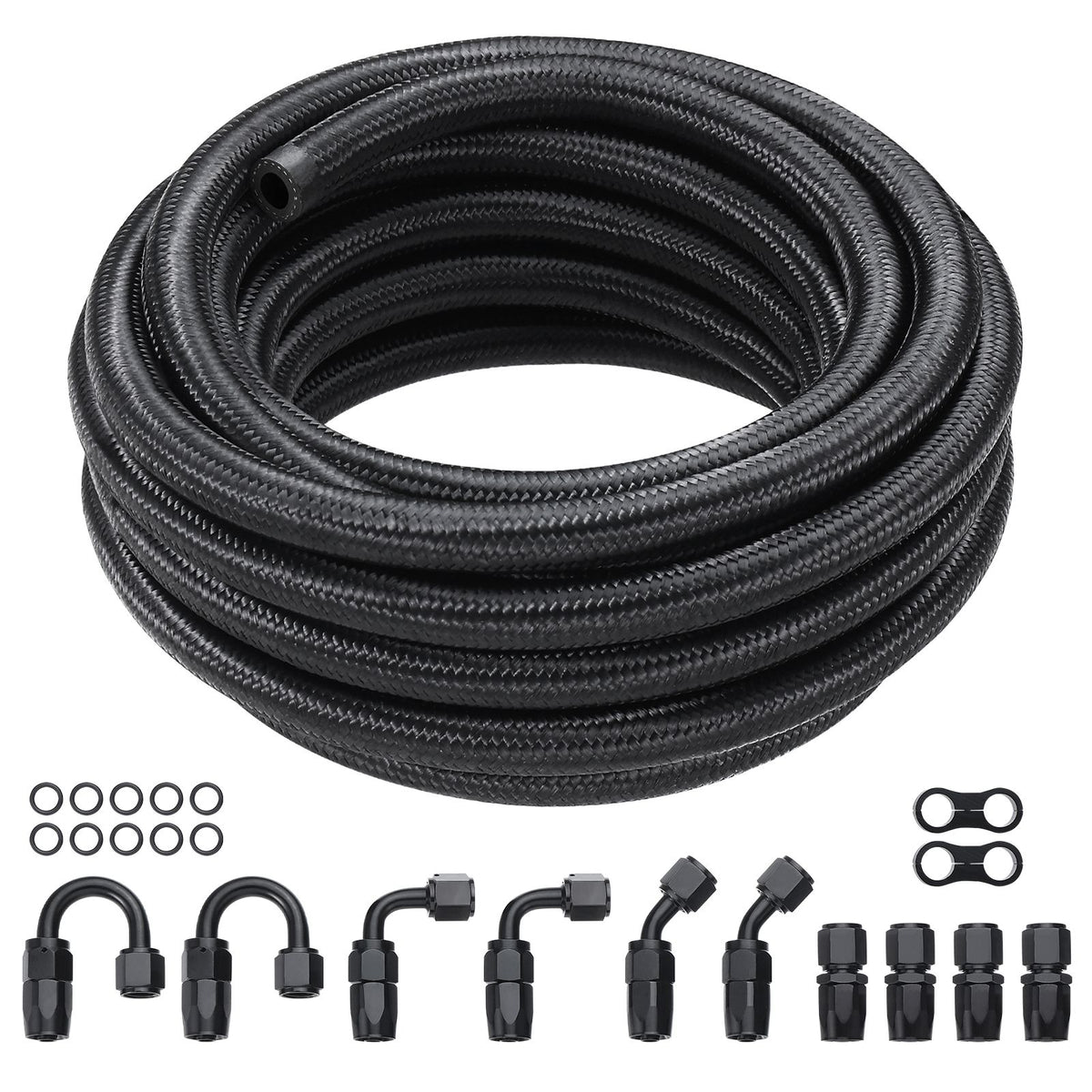 8AN Fuel Line Kit, 6.1 m Fuel Hose Kit, 1.0 cm Nylon Stainless Steel Braided Fuel Line Oil/Gas/Diesel Hose End Fitting Kit, with 12 PCS Swivel Fitting Adapter Kit, Black