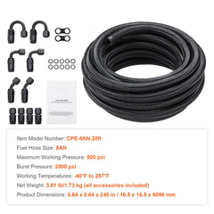 8AN Fuel Line Kit, 6.1 m Fuel Hose Kit, 1.0 cm Nylon Stainless Steel Braided Fuel Line Oil/Gas/Diesel Hose End Fitting Kit, with 12 PCS Swivel Fitting Adapter Kit, Black